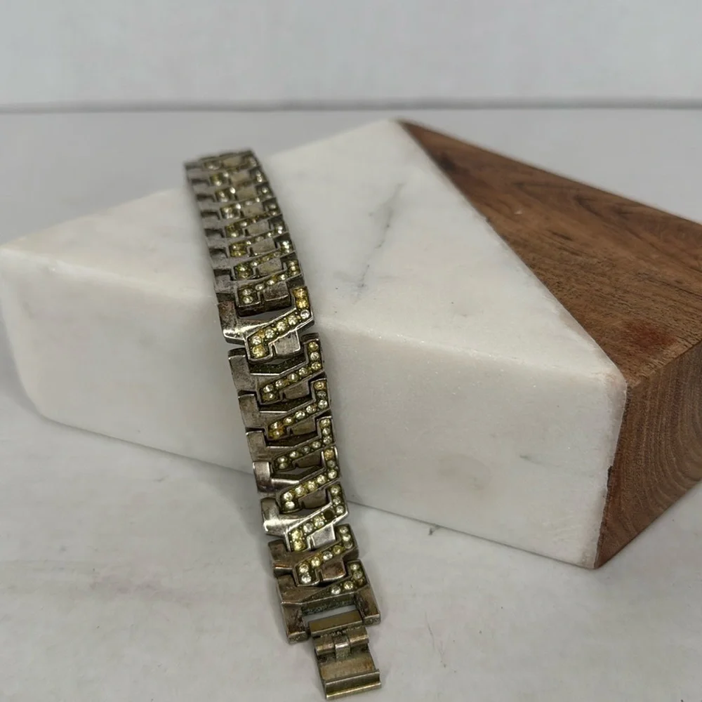 Vintage Art Deco bracelet 1930s-1940s clear Rhinestone glass chrome plate C22